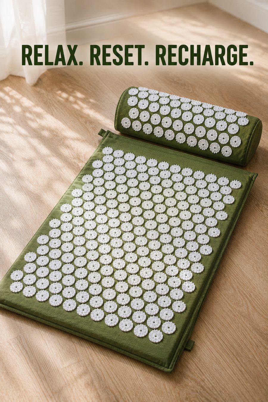 Green acupressure mat and matching neck pillow laid neatly on a wooden floor in a calm, minimalist home setting.