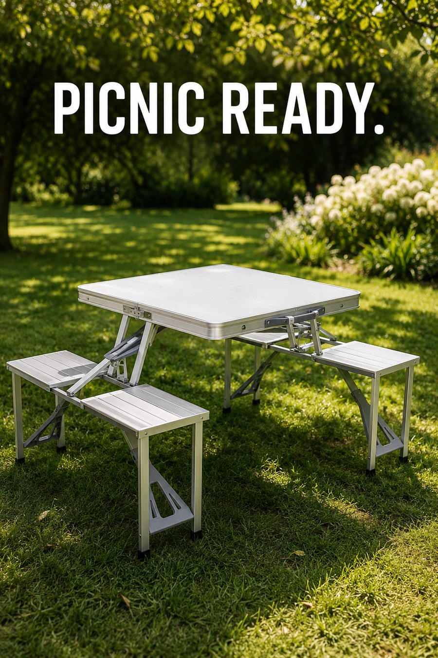 Portable folding picnic table set up on green grass in a sunny park, ready for outdoor dining and summer picnics.