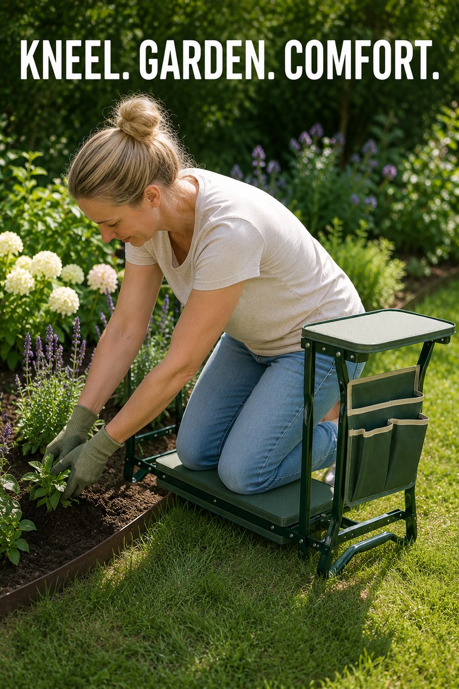 Woman kneeling comfortably on a folding garden kneeling stool while tending to a raised flower bed in a sunny garden.