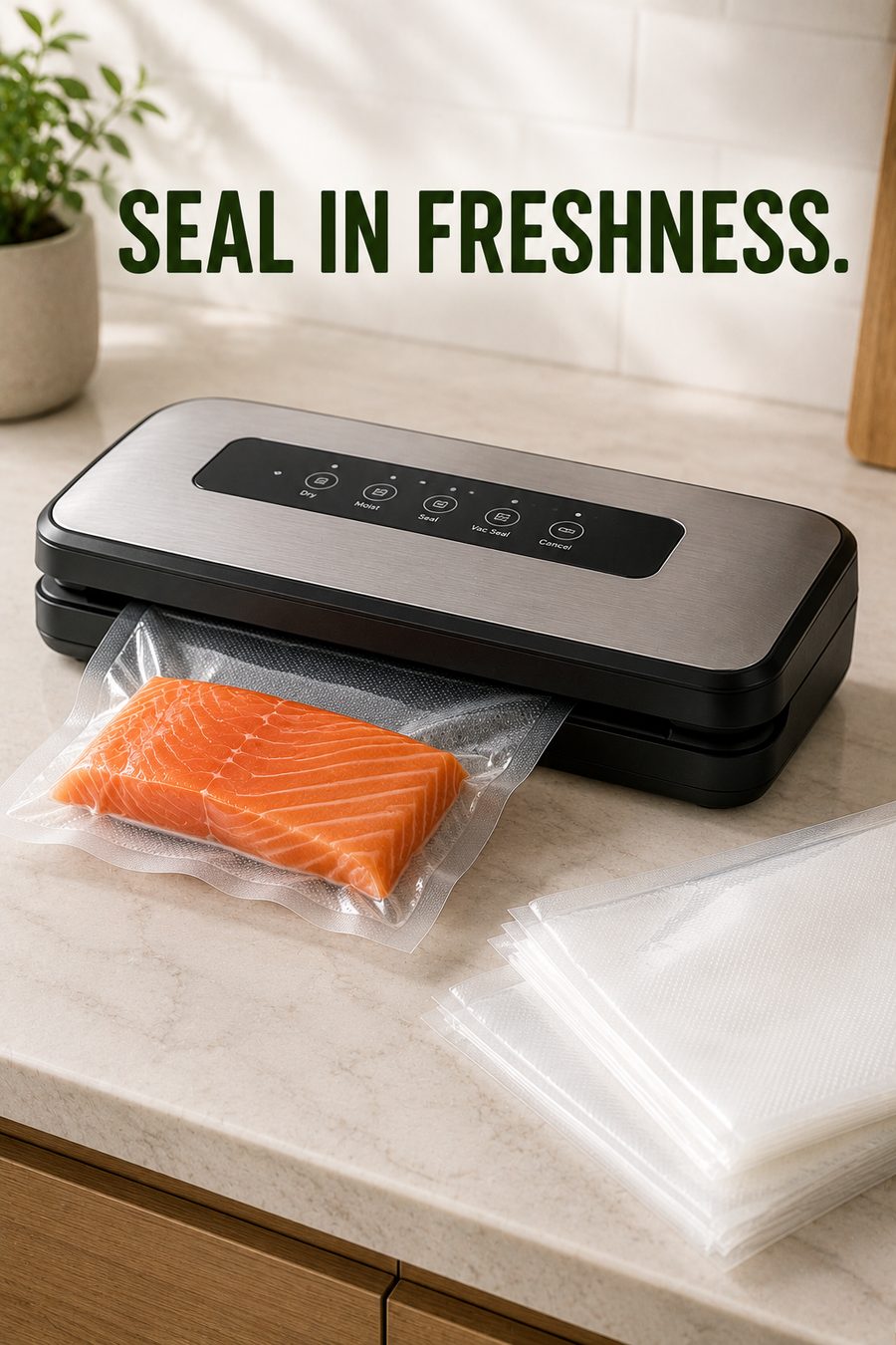 Vacuum food sealer machine sealing a bag of fresh salmon on a clean modern kitchen countertop.