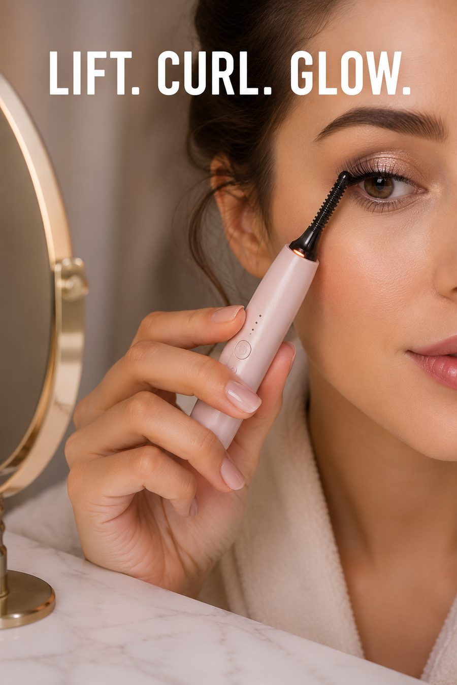 Woman using a heated eyelash curler near her eye in front of a mirror during her makeup routine.
