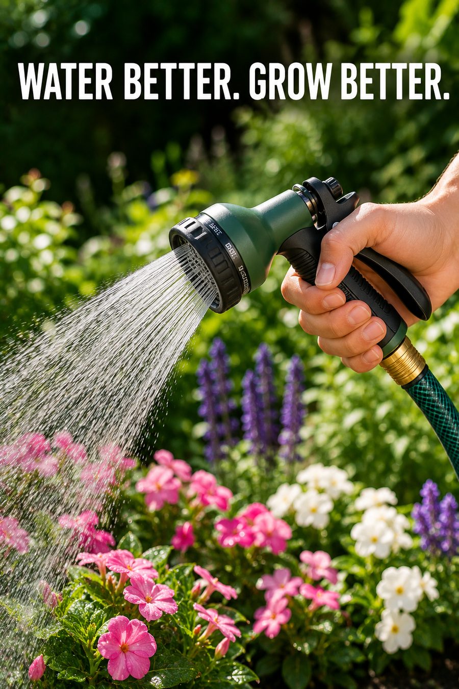 Hand holding a multi-pattern garden hose spray nozzle watering lush green plants in a sunny garden.