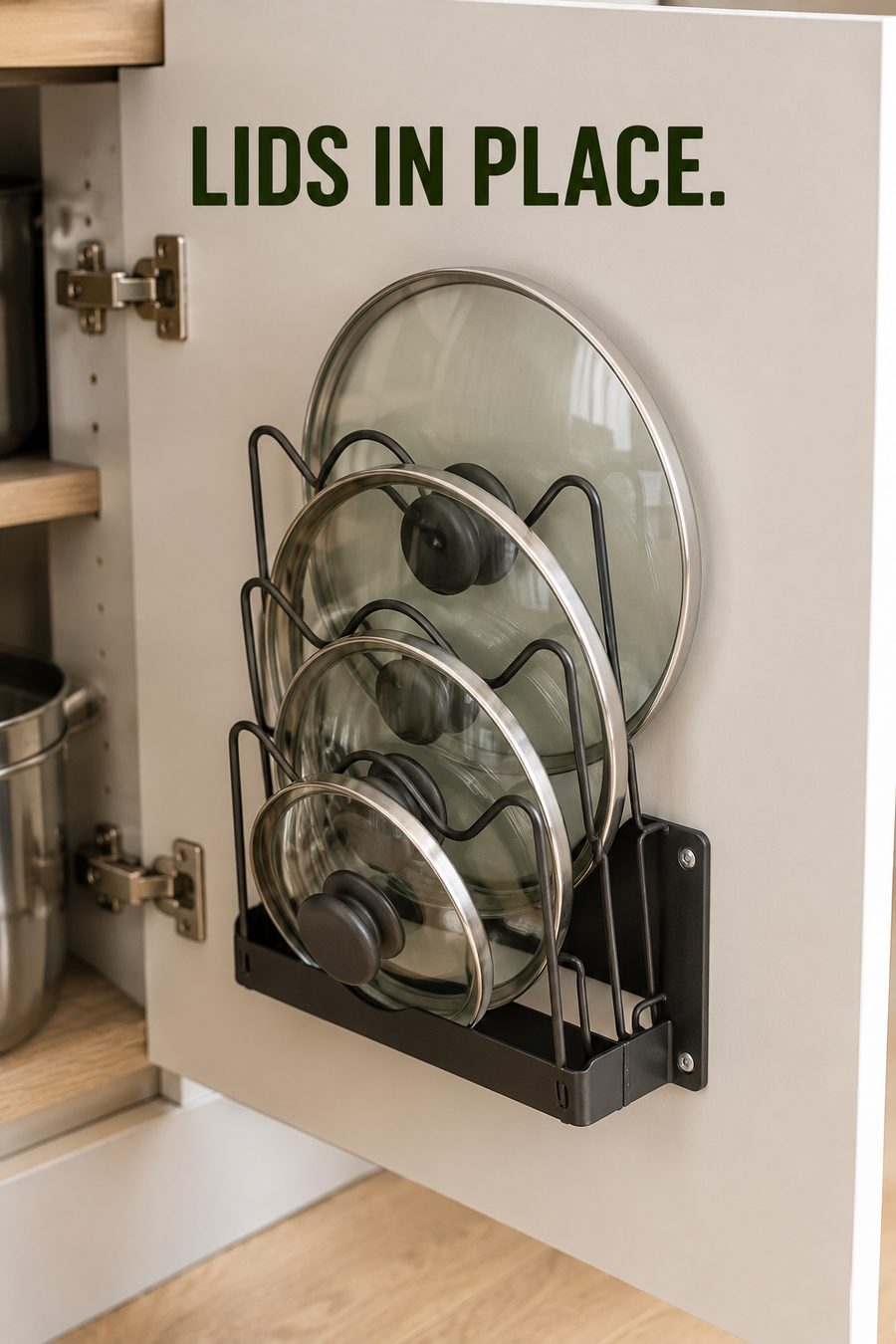 Pot lid organiser rack mounted inside a kitchen cupboard door holding several glass and metal pot lids neatly.