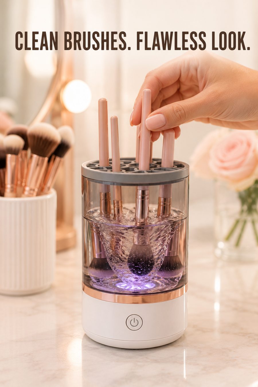 Electric makeup brush cleaner and spinner cleaning a pink makeup brush on a bright beauty vanity with fresh flowers.