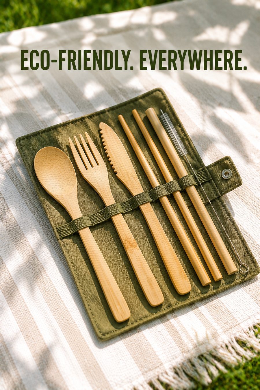 Bamboo travel cutlery set laid out on a woven picnic blanket in dappled sunlight outdoors.