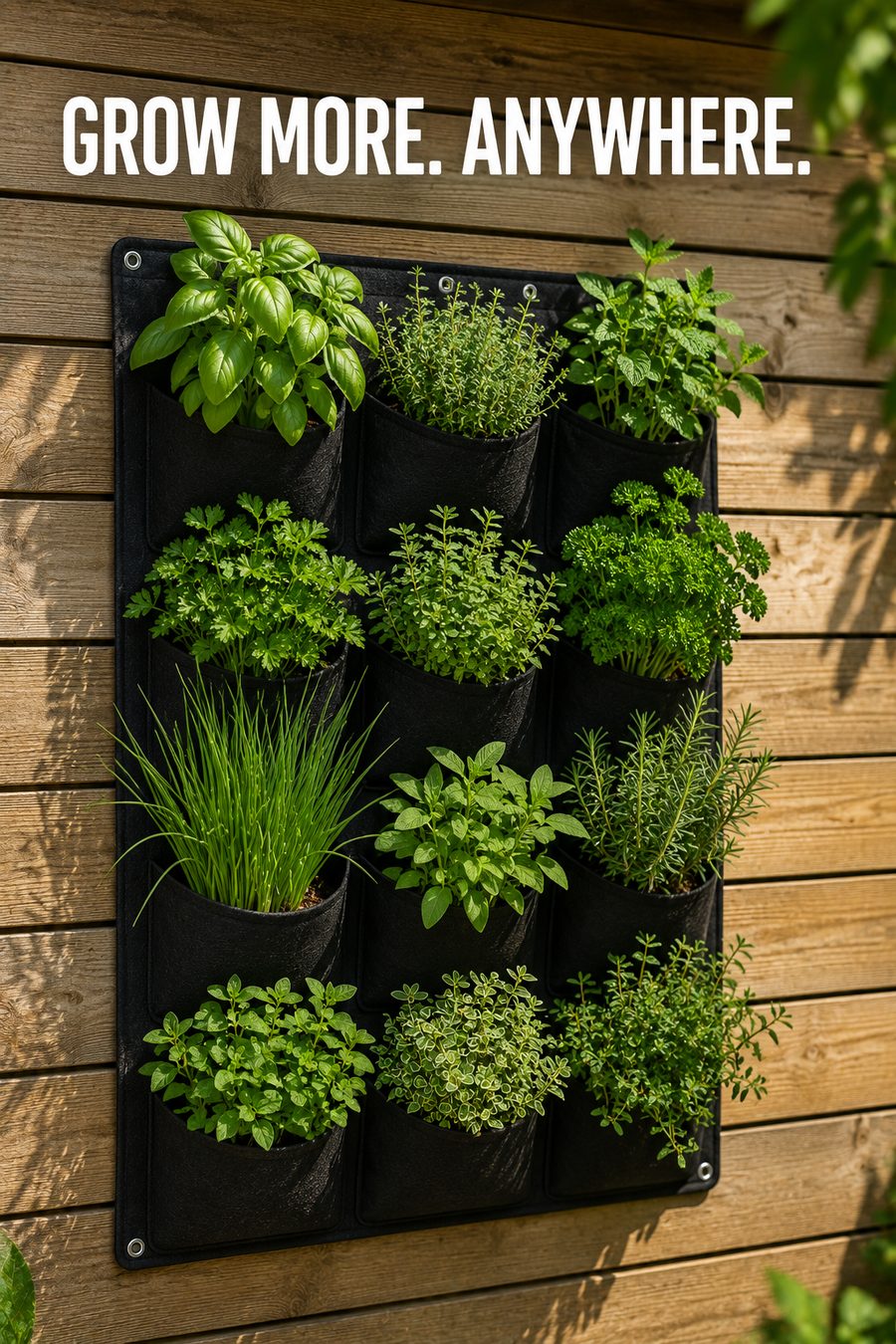 Vertical wall-mounted planter pockets filled with fresh herbs and greenery mounted on a wooden garden fence.