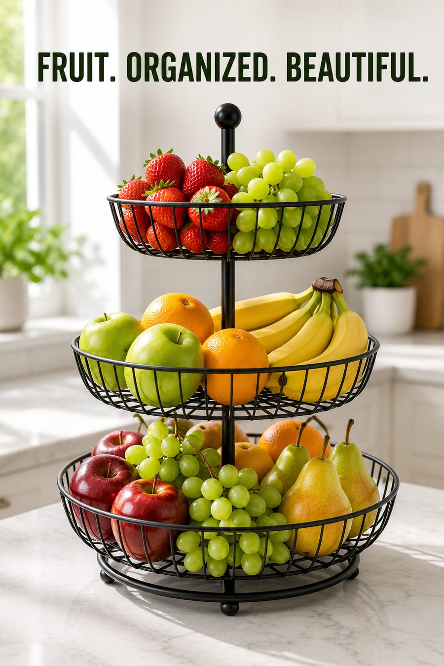 Three-tier wire fruit basket stand filled with strawberries, grapes, apples, oranges, bananas and pears on a kitchen counter.
