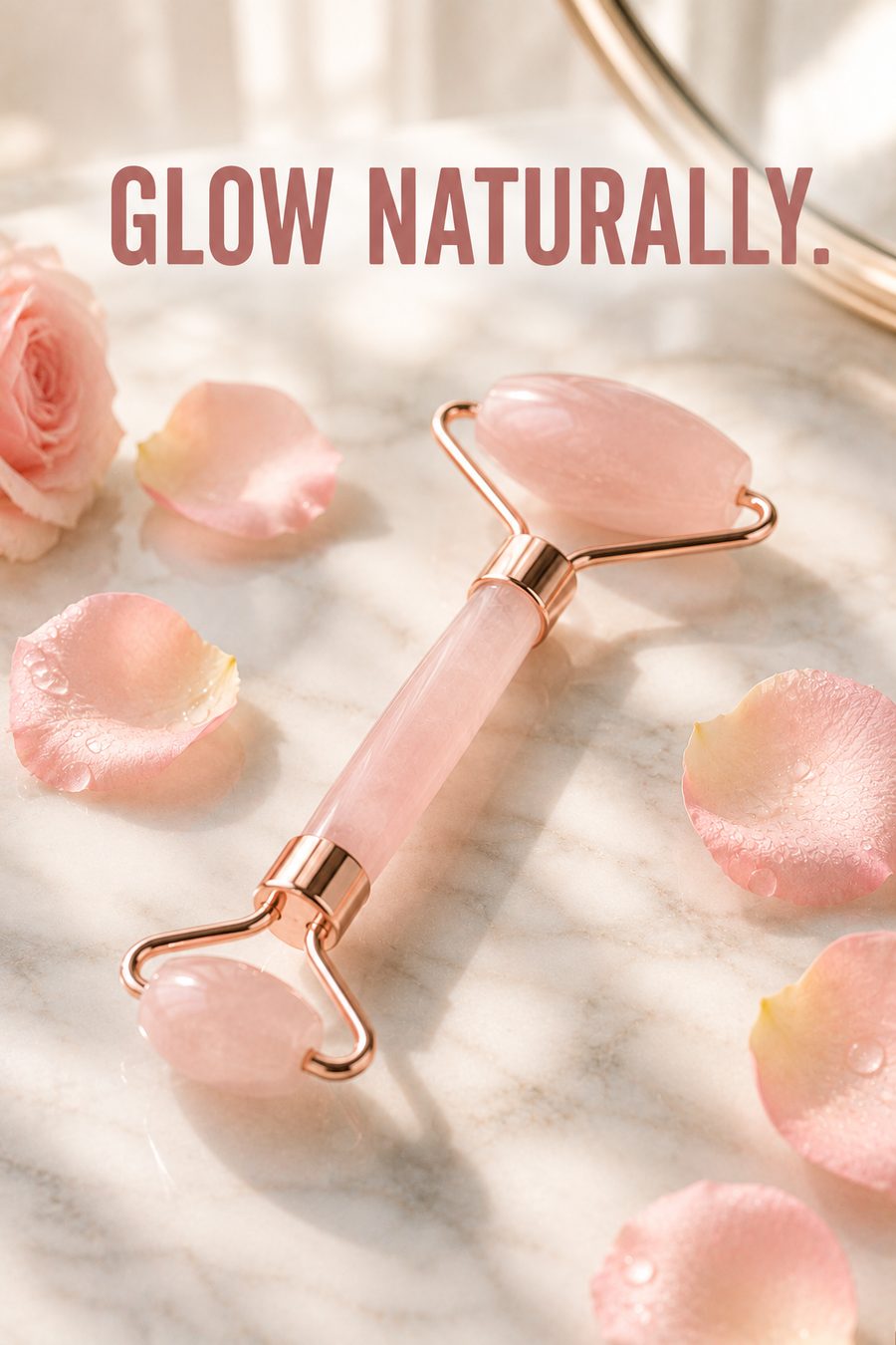Rose quartz facial roller resting on a marble surface surrounded by soft pink rose petals.