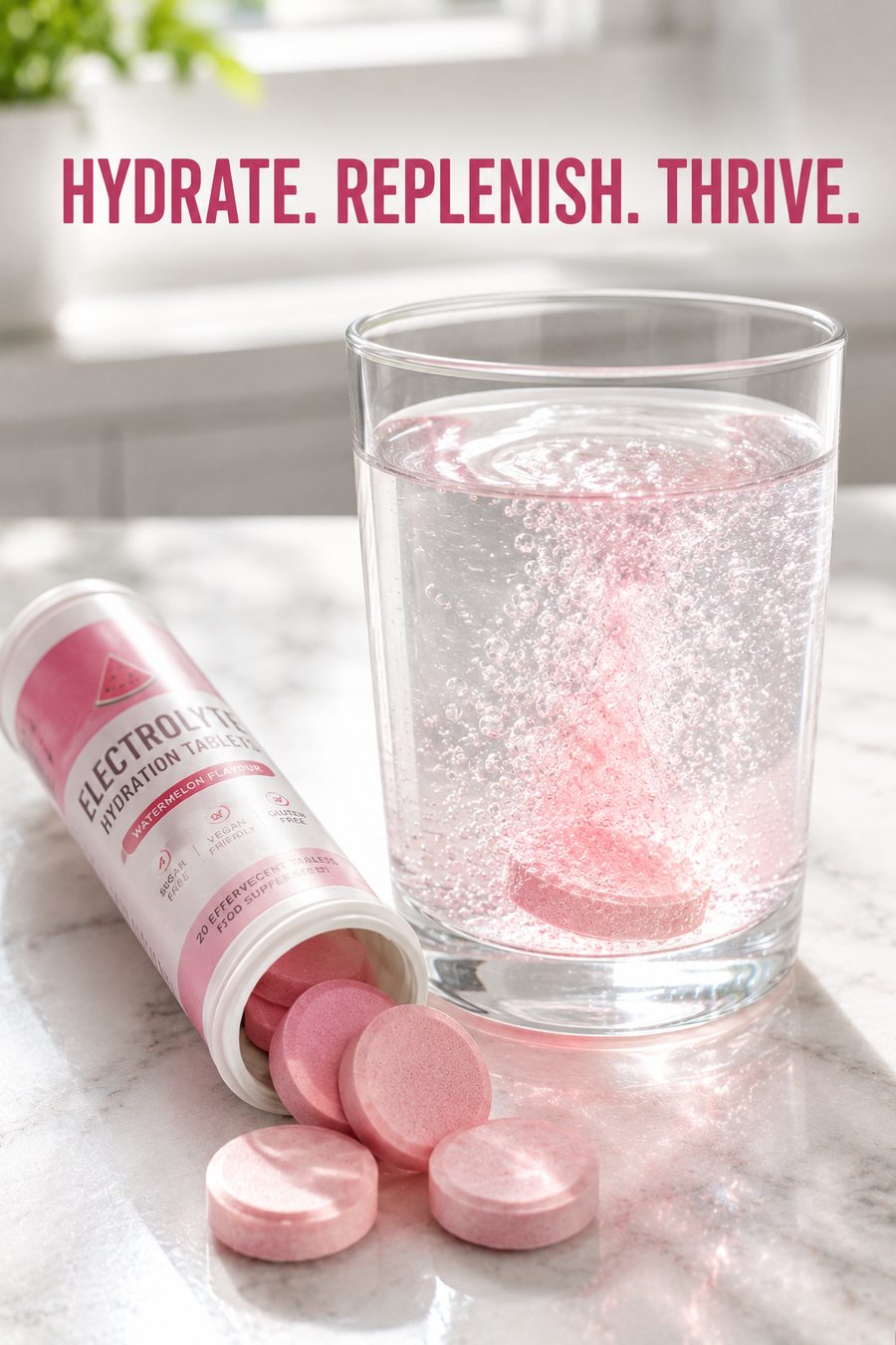 Pink electrolyte hydration tablet dissolving in a glass of water next to the tablet tube on a kitchen counter.