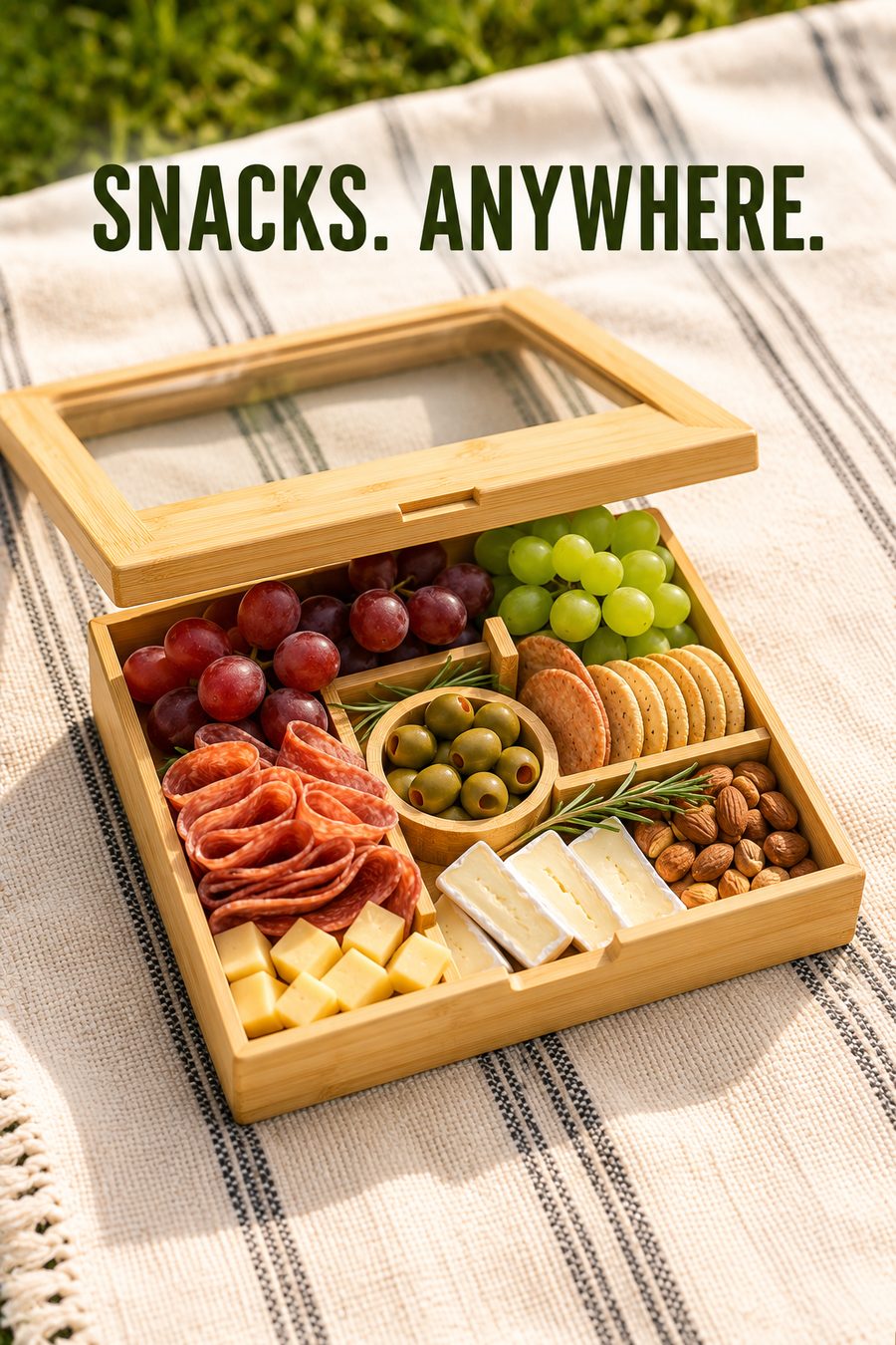 Portable charcuterie board with lid set up on a picnic blanket outdoors in dappled sunlight.