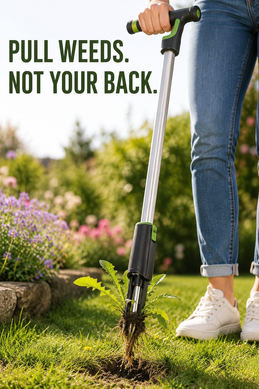 Stand-up weed puller tool removing a weed from a garden lawn beside colourful flower borders on a sunny day.