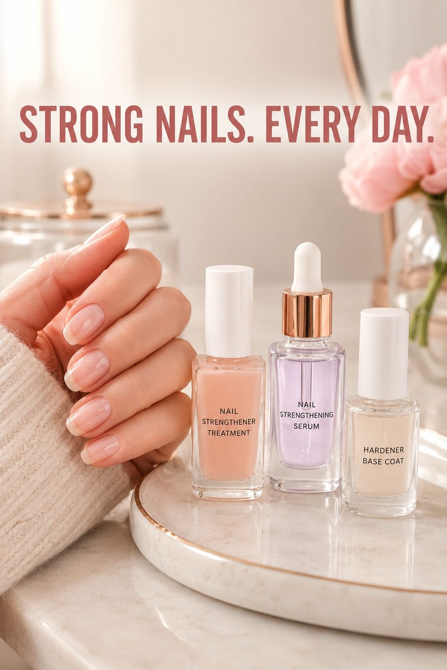 Elegant nail strengthening treatment bottles displayed on a beauty vanity beside a hand with healthy natural-looking nails.