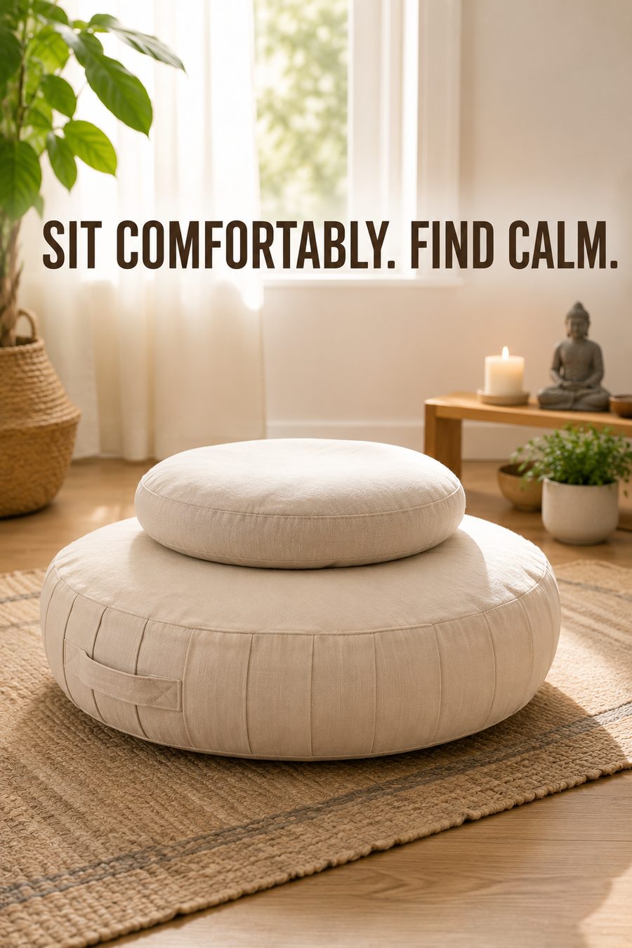 Round meditation floor cushion with matching support cushion arranged in a bright, calming meditation room with soft natural light.