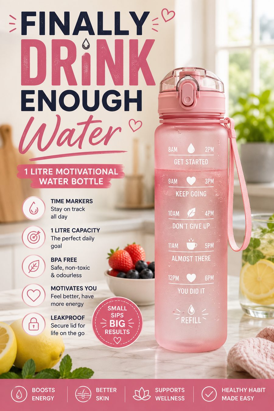 Motivational 1 litre water bottle with time markings standing in a bright modern kitchen surrounded by fresh fruit.