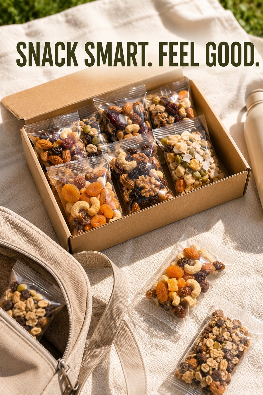 Plain variety box filled with individually wrapped trail mix, nuts and dried fruit snack packs arranged on a picnic blanket with no visible branding.