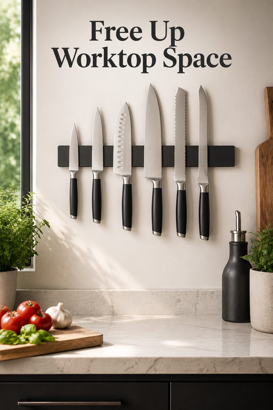 Sleek magnetic strip mounted on a kitchen wall holding a row of knives neatly above the worktop.