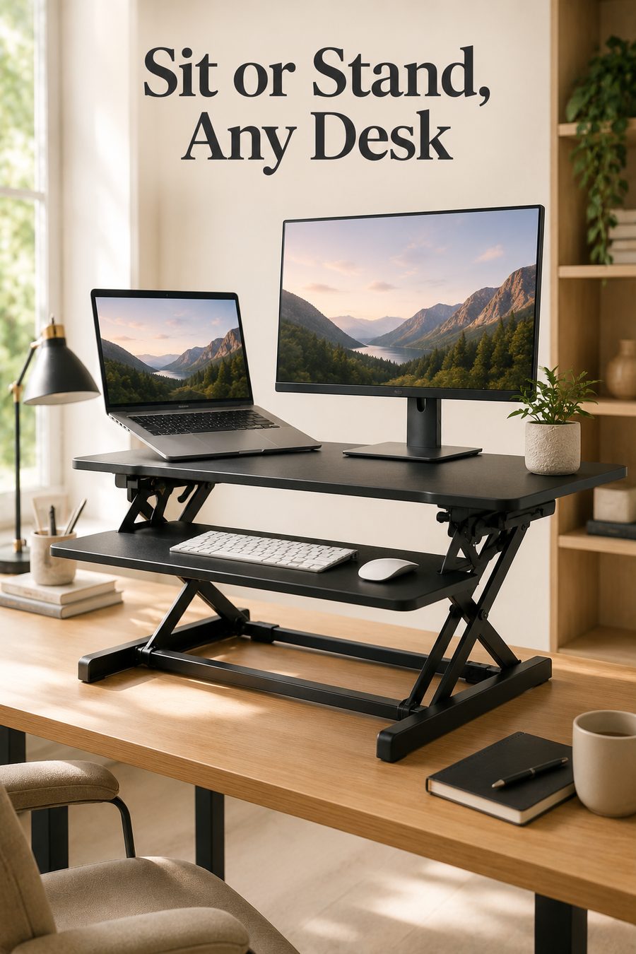 Adjustable standing desk converter raising a laptop and monitor to standing height on a tidy home-office desk.