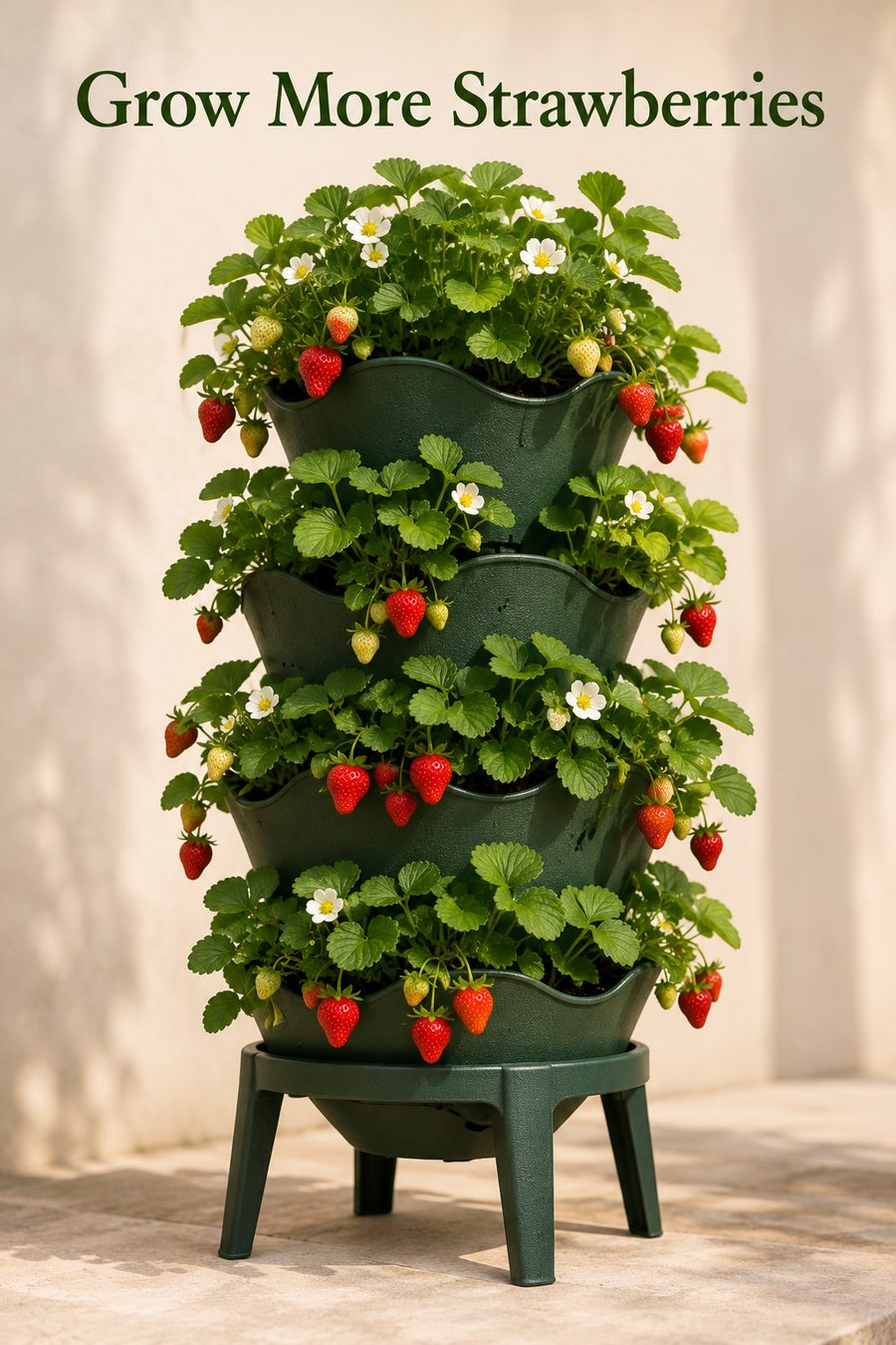 Freestanding tiered strawberry planter tower filled with lush strawberry plants, white flowers and ripe red strawberries in a bright garden setting.