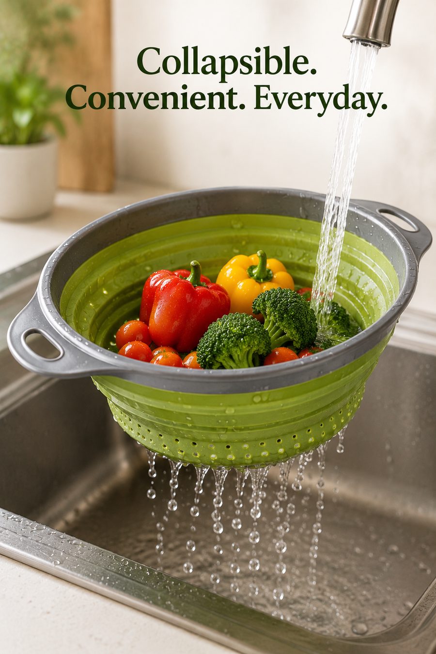 Collapsible silicone colander filled with fresh vegetables being rinsed under running water over a modern kitchen sink.