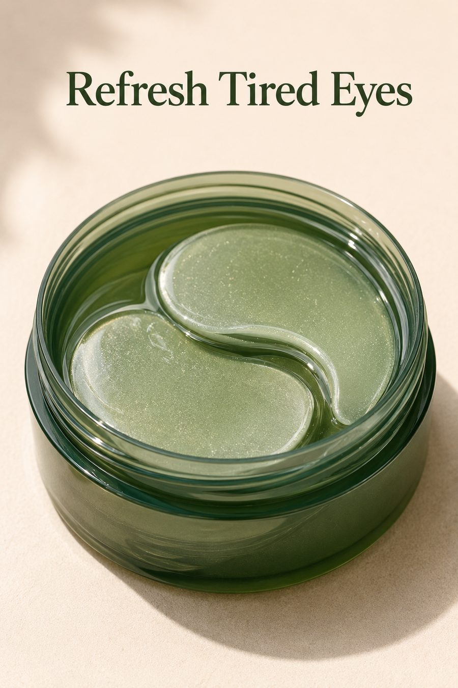 Open jar containing a pair of glossy hydrogel under-eye patches styled in a clean, bright beauty setting with soft natural light.