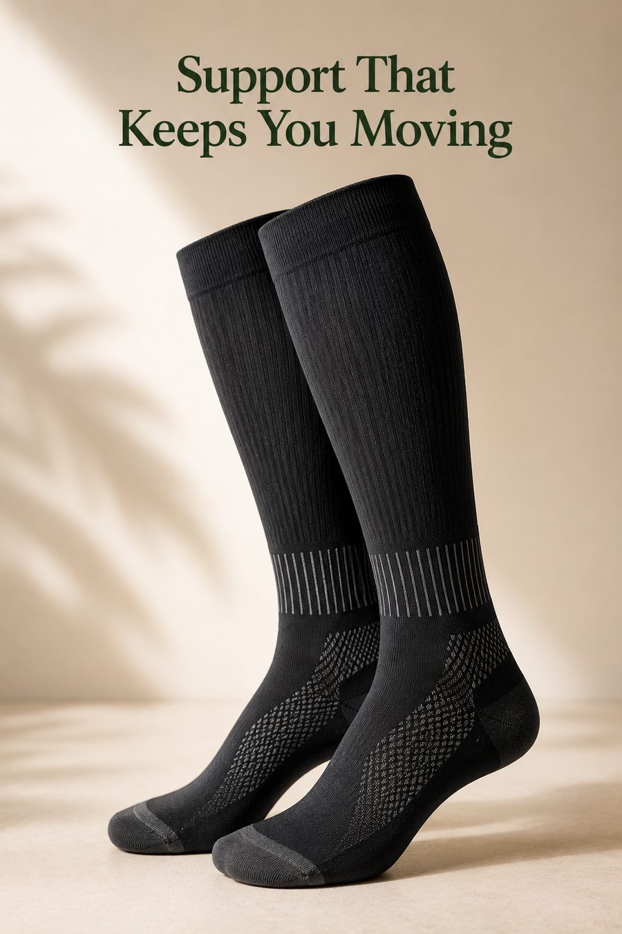 Pair of knee-high graduated compression socks displayed in a clean, softly lit lifestyle setting, showing their supportive fitted design and textured fabric.