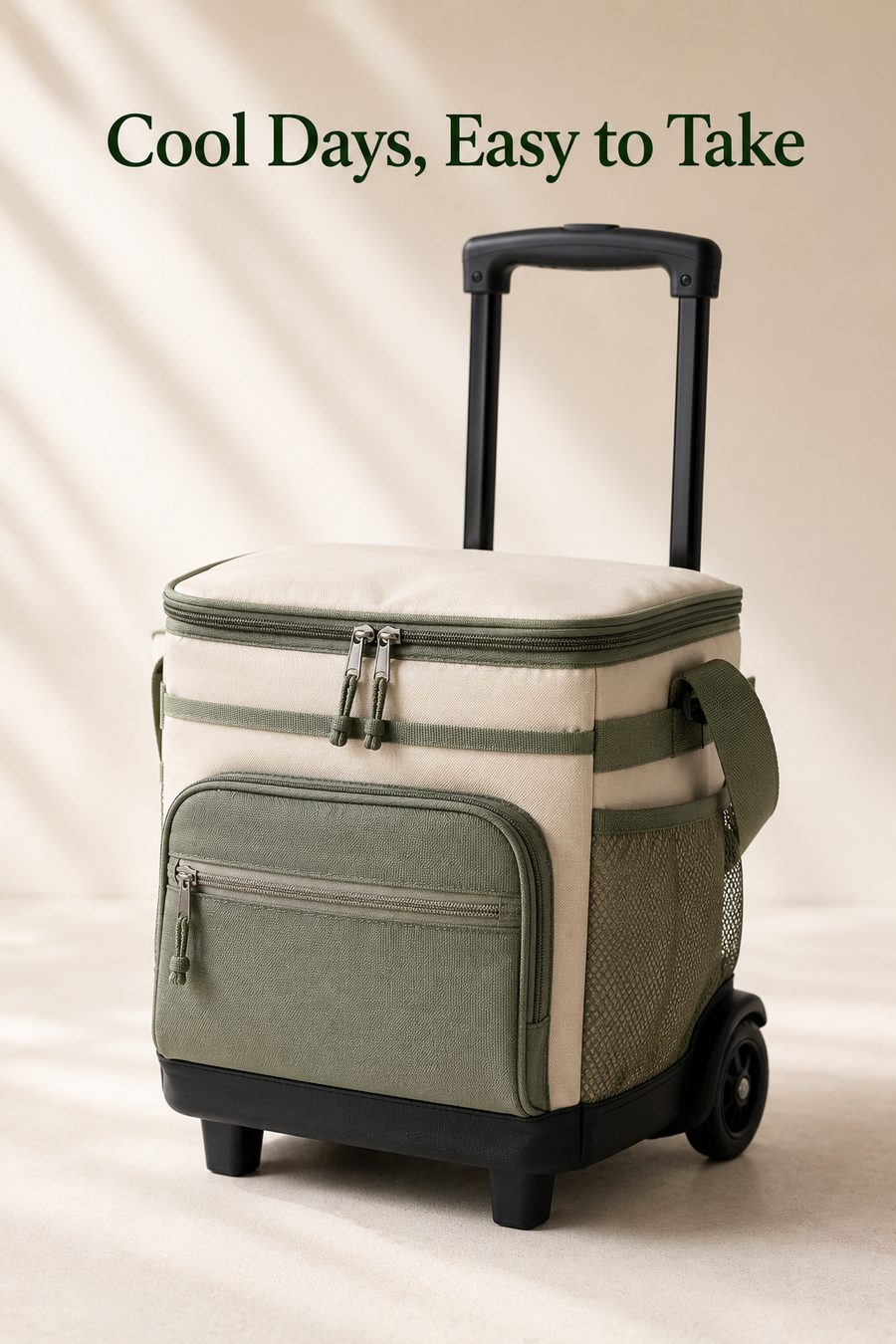Compact insulated rolling picnic cooler bag with wheels and an extended telescoping handle, shown in a clean lifestyle product setting.