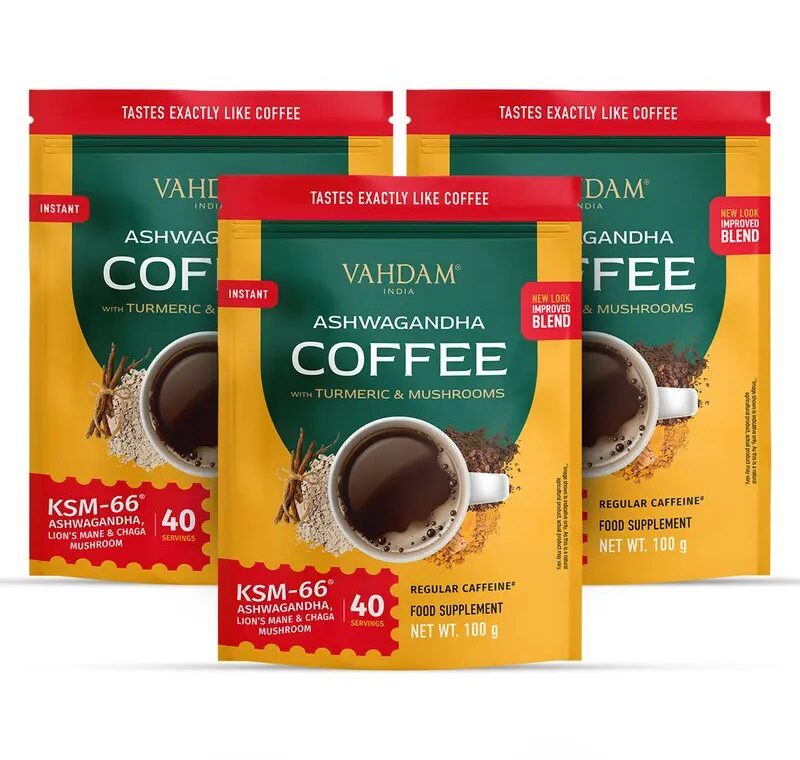 VAHDAM KSM-66 Ashwagandha instant coffee — pack of 3 pouches
