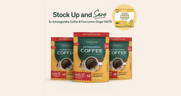 VAHDAM Ashwagandha Coffee 3-pack bundle with free HANDPICK lemon ginger tea box — Stock Up and Save offer