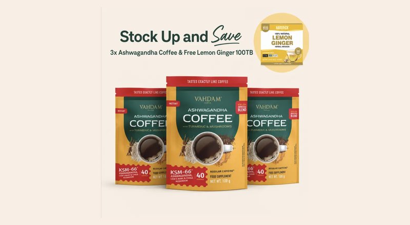VAHDAM Ashwagandha Coffee 3-pack bundle with free HANDPICK lemon ginger tea box — Stock Up and Save offer